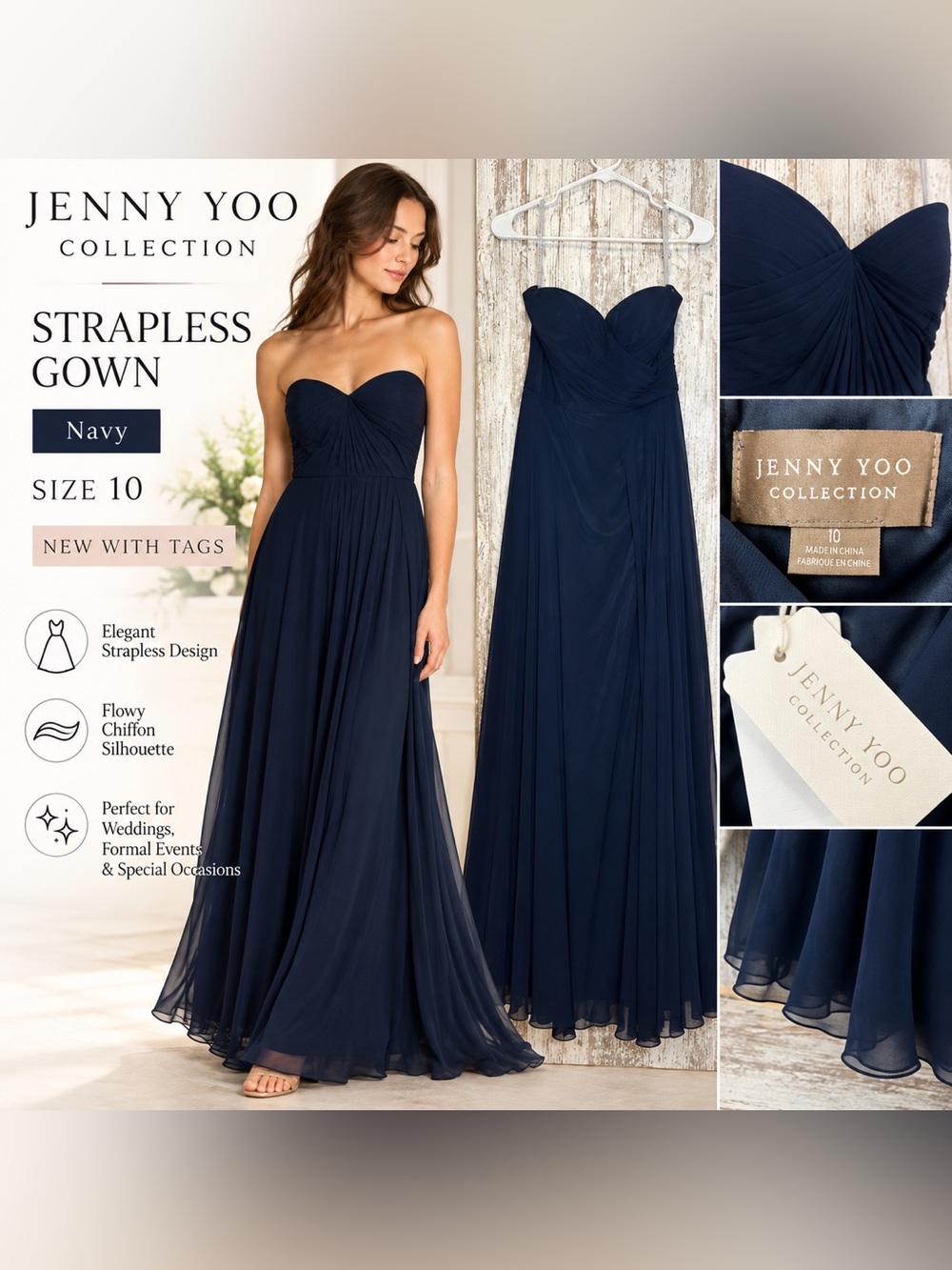 Jenny Yoo Collection Strapless Gown Navy Women’s Size 10 NWT